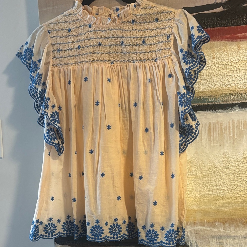 Blue and Baby salmon pink blouse